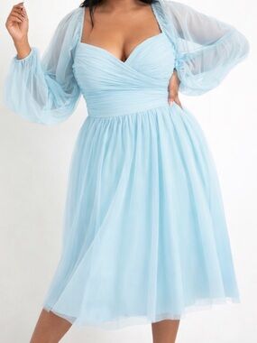 ELOQUII Tiered Puff Sleeve Dress Blue Tulle Sheer Sleeve Midi Sz 20